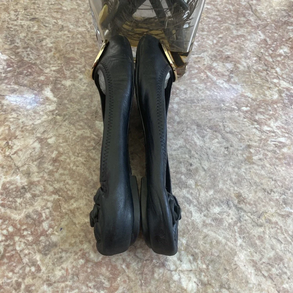 Tory Burch Minnie Travel‎ Black Leather Ballet Flat Size 6.5 M EUC, $228